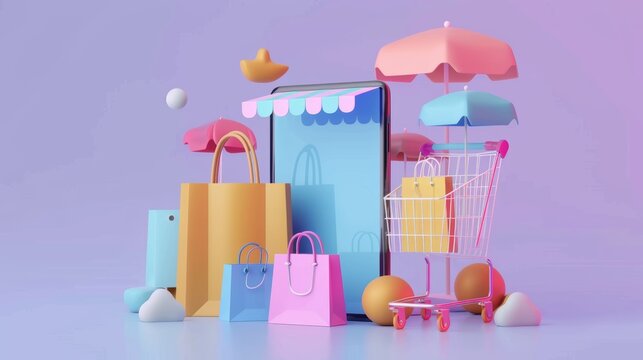 3D Minimal online shopping on smartphone application service, digital marketing, online buying, and online payment, summer or big sale, payment, discount for credit, 3D render, Generate AI
