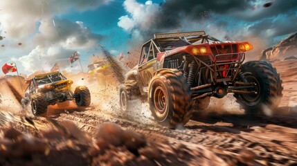 Action-packed scene of off-road vehicles conquering challenging obstacles in a race - obrazy, fototapety, plakaty