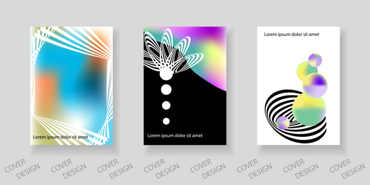 Abstract minimal geometric backgrounds set. Colorful geometric pattern with holographic texture and distorted geometric shapes. For printing on covers, banners, sales, flyers. Modern design.