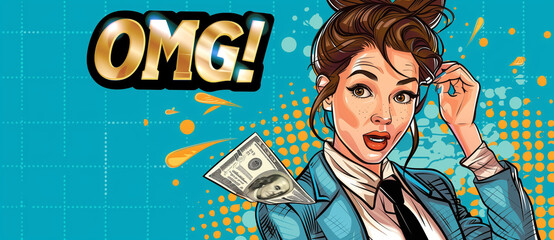 Young business woman money, surprised wondering expression, with the big text "OMG!" in the style of pop art on a blue background, in the comic book illustration flat design style