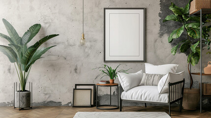 Fototapeta na wymiar White theme livning room wiith white frame poster, interior design
