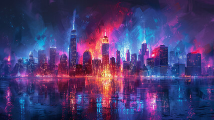 Fototapeta premium A city skyline is reflected in the water, with the buildings lit up in neon colors. Scene is vibrant and energetic, with the bright colors and the reflection of the city creating a sense of movement