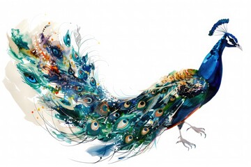 Splendor of a radiant peacock, its iridescent feathers shimmering with every graceful movement, isolated on pure white background.