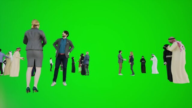 3D animation supporting the Arabs in Dubai on the green screen of chroma key 3d people redner chroma key background animation man and woman walk talk