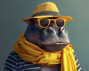 Elegant hippo with bright yellow neck scarf, sunglasses and sunhat, ready for vacations. - 792985043