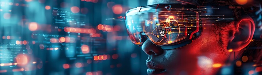 A person with augmented reality glasses, visualizing cyber threats and deploying shields