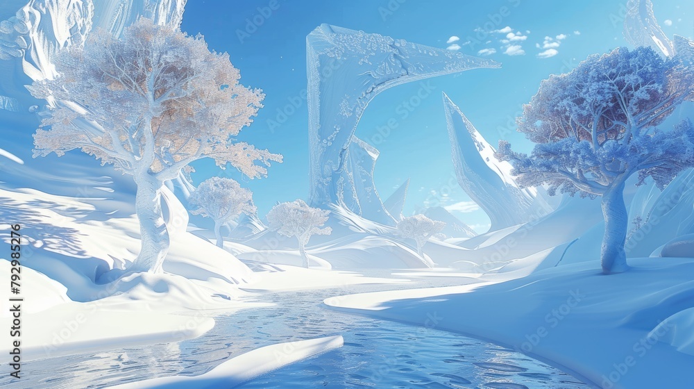 Poster an abstract winter landscape scene background. a surreal scene rendered in 3d.