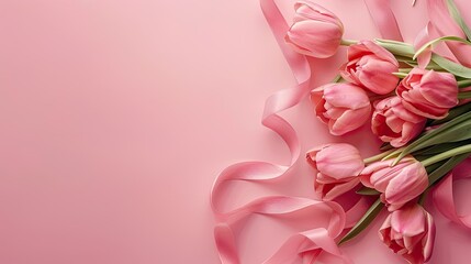 A stunning display of pink tulips artfully arranged in a bouquet with a ribbon set against a pink backdrop This image offers ample space for text captured from a top down perspective Perfec