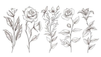Hand drawn botanical illustration design for logos, weddings, invitations, home decor. Collection of foliage, leaves, flowers, roses, and lilies in line art.