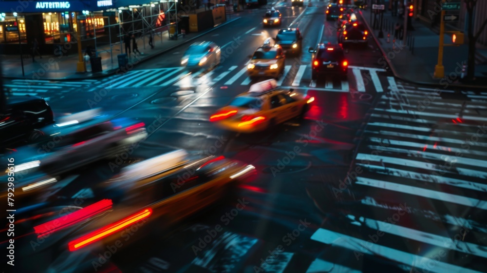 Poster blurred motion of vehicles navigating a busy intersection under the cover of darkness