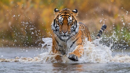Fototapeta na wymiar Amur Tiger Mid Splash Dynamic Water Action Captured in Lush Siberian Habitat Wildlife Majesty