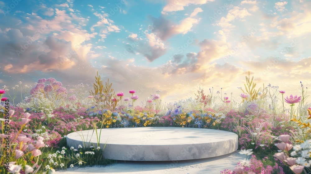 Poster 3d rendering of natural beauty podium backdrop with spring flower field.