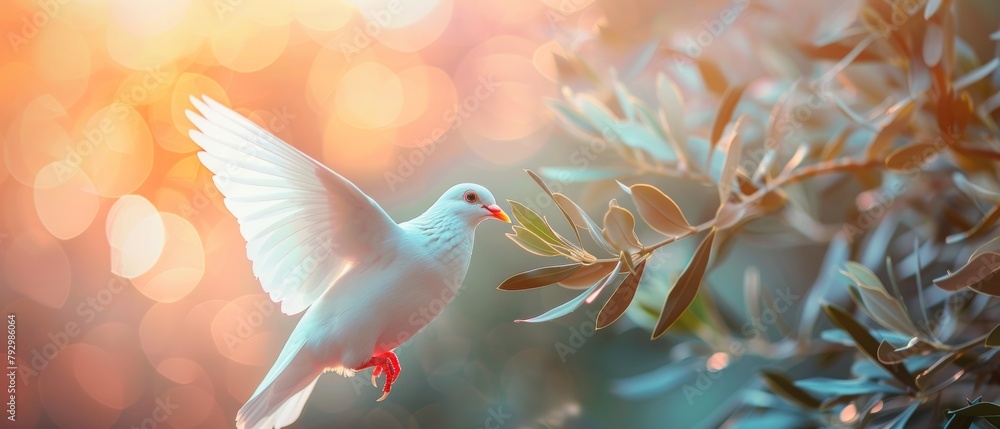 Poster clipping path of a white dove carrying an olive branch on a beautiful background with a lens flare. 