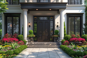 An elegant home's front door with potted plants and colorful flowers, showcasing the entrance to a sophisticated or luxury garden design. Created with Ai