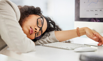 Burnout, fatigue or sleep and business woman on desk in office, exhausted from data analysis deadline. sleeping, stock market and tired employee lying on table in workplace for finance management