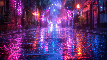 A neon city street with rain and reflections of lights. Scene is vibrant and energetic