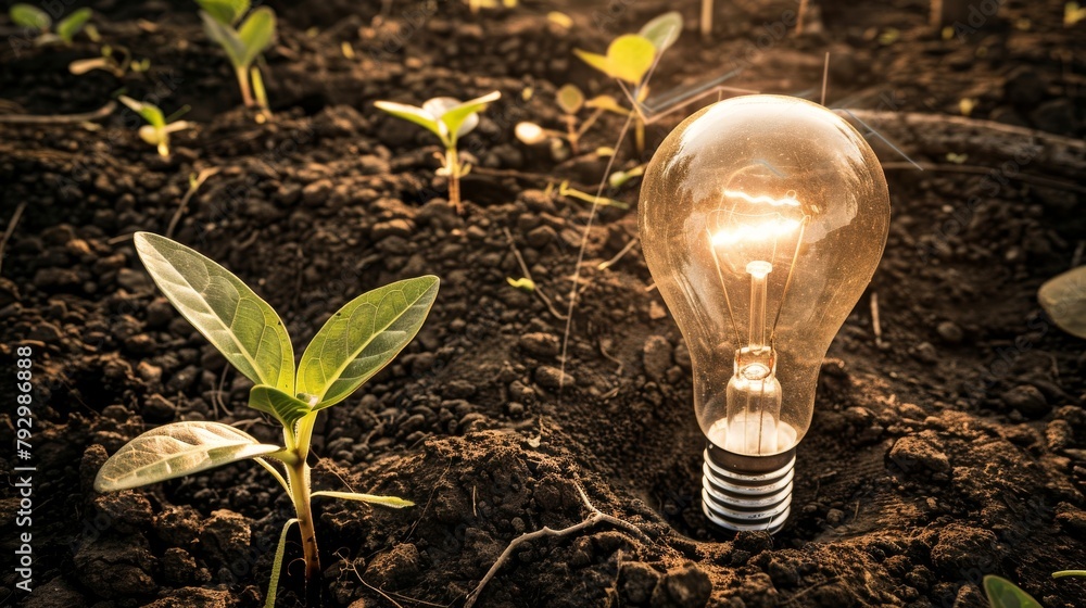 Canvas Prints Light bulb sits on soil, and plant grows out of it. Renewable energy generation and alternatives to fossil fuels are essential for the future. Green energy development is essential.