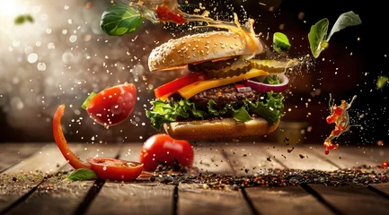 Fotobehang Hamburger volant avec éclaboussures et ingrédients, sur une table en bois, publicité alimentaire. © David Giraud