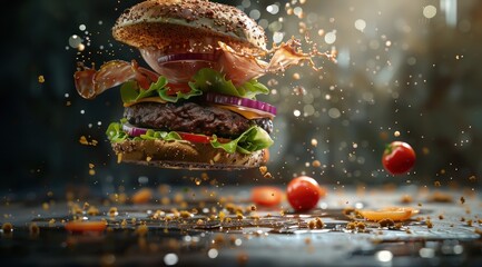 Hamburger volant avec éclaboussures et ingrédients, sur une table en bois, publicité alimentaire.