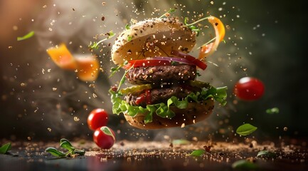 Hamburger volant avec éclaboussures et ingrédients, sur une table en bois, publicité alimentaire. - obrazy, fototapety, plakaty