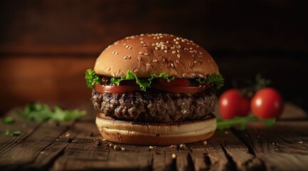 Un hamburger de fast-food sur une table en bois sur un fond sombre, publicité alimentaire.