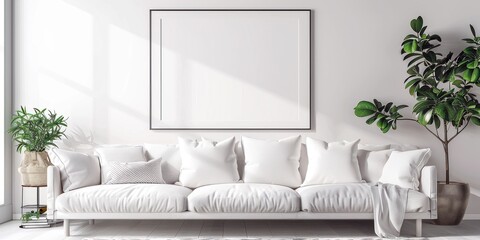 Salon minimaliste avec canapé et cadre vierge sur le mur, sol en bois, couleur blanche, lumière naturelle provenant de la fenêtre, plante dans le coin, décoration d'intérieur élégante.