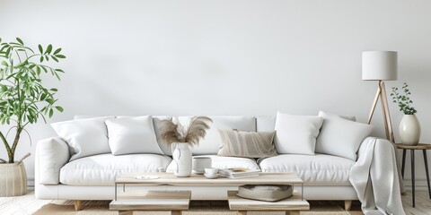 Salon minimaliste avec canapé, sol en bois, couleur blanche, lumière naturelle provenant de la fenêtre, plante dans le coin, décoration d'intérieur élégante, image avec espace pour texte.