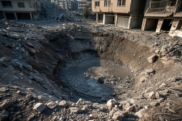 A huge crater of bombs in the ground in the middle of a war-torn city