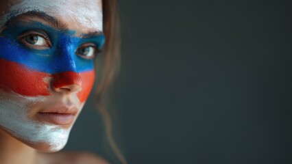 Schönes Frauen Gesicht mit Russischer Flagge bemahlt Nahaufnahme, ai generativ