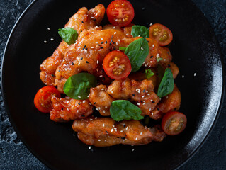 Pork in sweet and sour sauce and sesame seeds. A traditional Chinese dish.