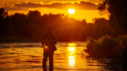 Close-up of a fisherman's silhouette against the backdrop of a golden sunset over the river