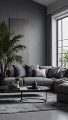 Sleek living room interior concept with a gray sofa and palm tree, against a minimalist gray background for a modern aesthetic.