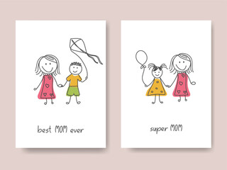 Happy Mother's Day greeting cards set. Cute happy mother daughter son doodle illustration. Kids cartoon drawing. Best mom ever, super mom hand lettering. Happy family