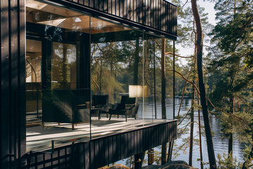 A detail of a modern tree house in the middle of a northern forest with a lake in the background