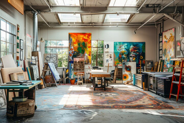 Artistic studio space with an eclectic mix of furniture, vibrant wall art. - obrazy, fototapety, plakaty