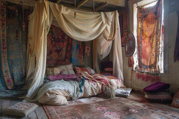Bohemian chic bedroom featuring a canopy bed draped with flowing fabrics.