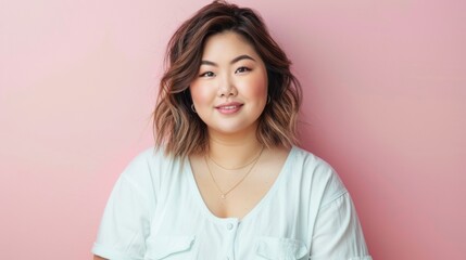 Fototapeta premium portrait of beautiful plus size asian young woman posing on studio background