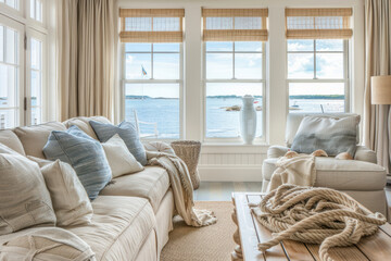 Coastal living room with sandy hues, nautical accents like ropes and shells.