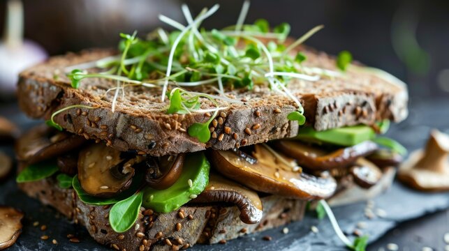 Close-up of a wood ear mushroom sandwich with avocado and sprouts on whole grain bread