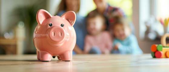 Piggy bank standing on desk with blurred a happy family in background - obrazy, fototapety, plakaty