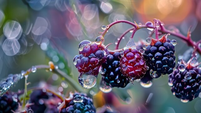Close-up of water droplets forming a dazzling crown atop a cluster of blackberries