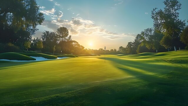 AIgenerated image of golf course with beautiful lighting. Concept Nature, Landscape, Golf Course, Scenic Views, Beautiful Lighting