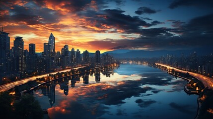 night scene of modern city with skyscrapers and reflection in water - Powered by Adobe