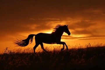 Obraz na płótnie Canvas Dusk Run Lone Paint Horse Silhouetted Against a Fiery Sunset Freedom and Beauty in Motion