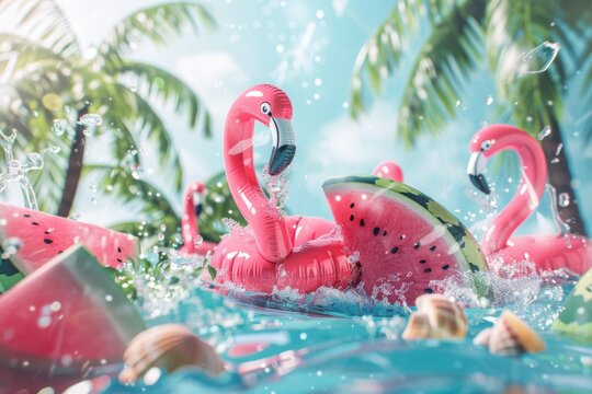 A vibrant summer scene with inflatable flamingo, watermelon, palm trees, seashells, and water splashes.
