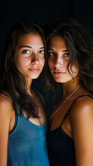 Obraz premium Two Beautiful Women Posing Together, Black Background