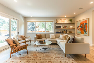 Scandinavian living room with clean lines, neutral tones.