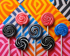 Spiral Lollipops on Geometric Pattern Background