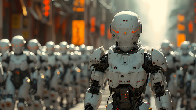 AI Uprising: Create images of a rebellion or uprising led by robots against their human creators, portraying the struggle for control - Powered by Adobe