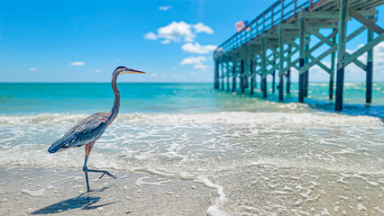 Blue Heron on the beach. Redington Beach, Florida, captured by Christy Mandeville